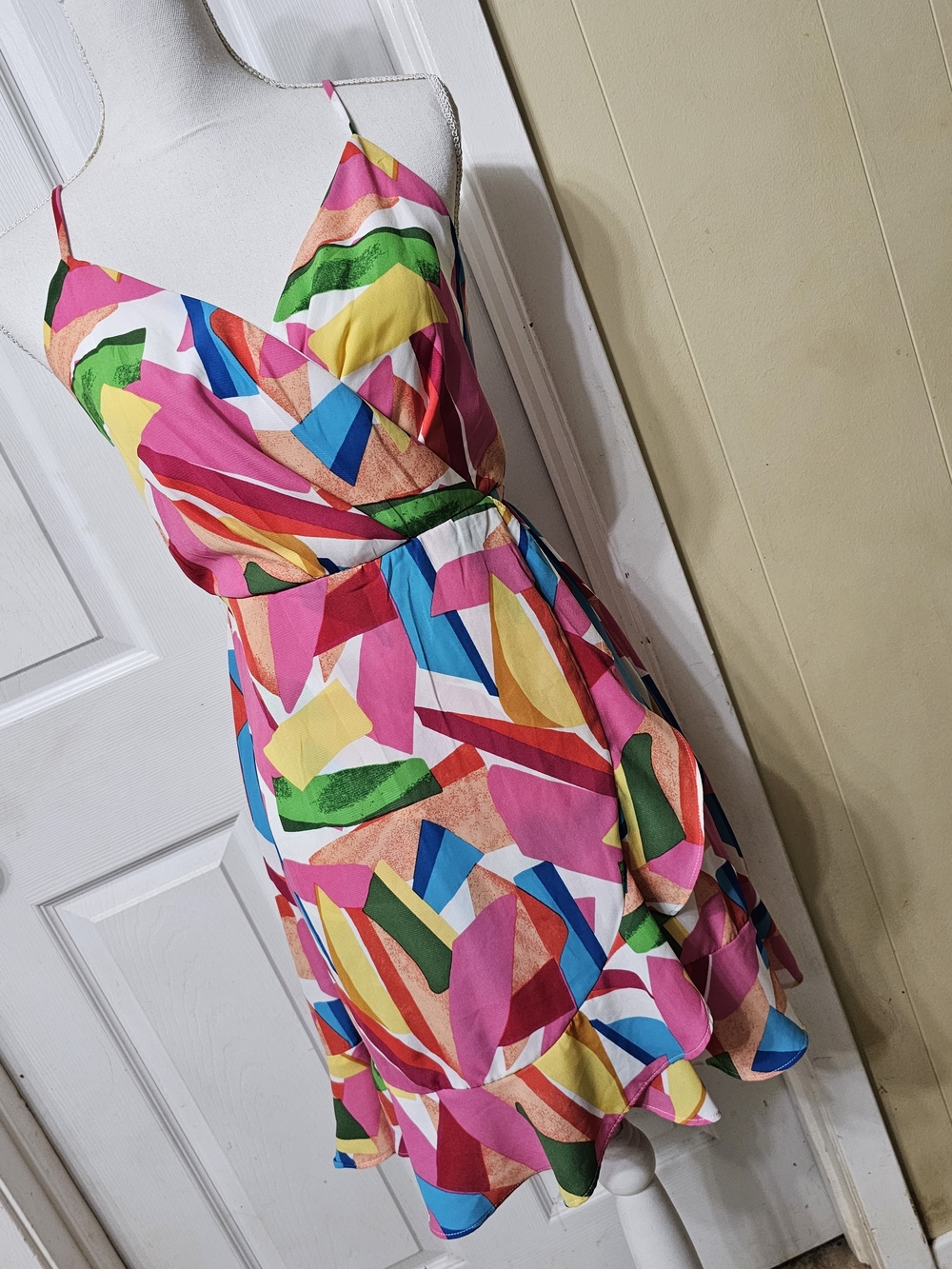 Timing Multicolor Geometric Fastened Wrap Dress in Pink, Yellow, Green & Blue